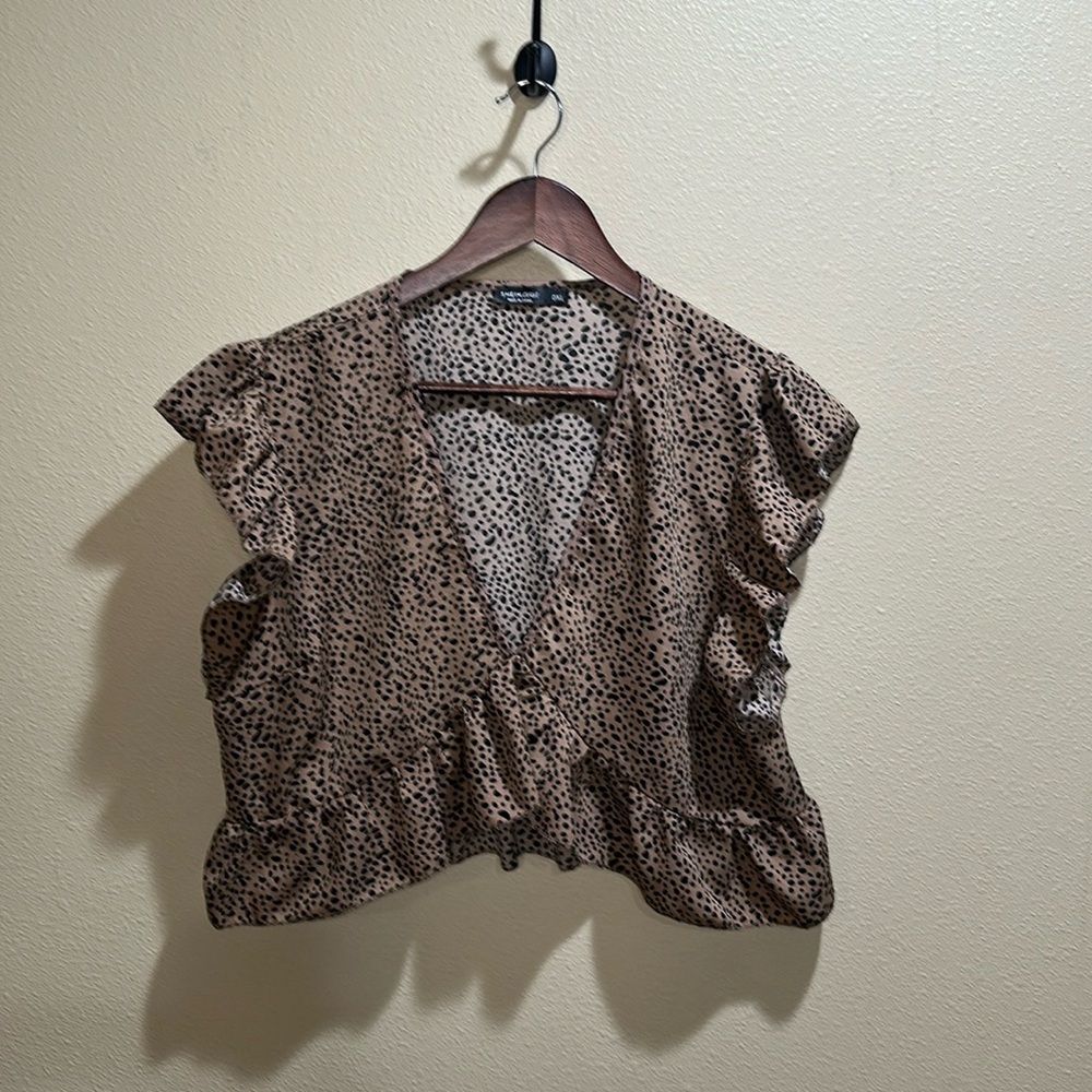 Shein 0XL Black and Brown Ruffled Wrap Blouse